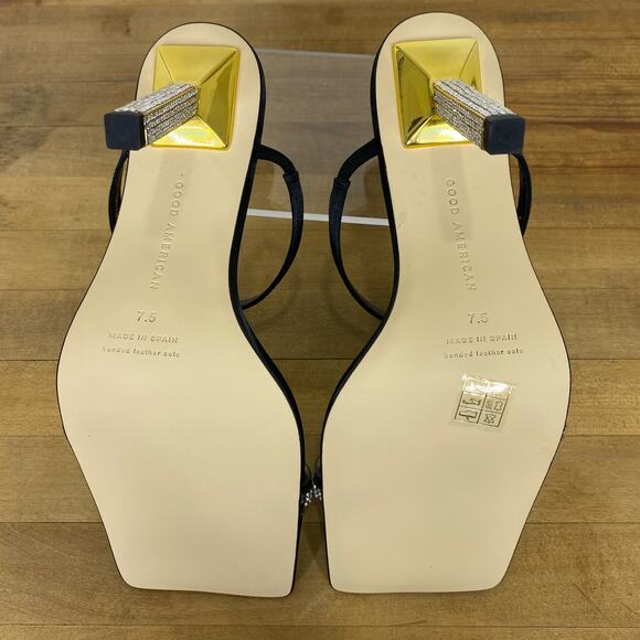 Good American Satin Rhinestone Heels Womens 7.5 Black Gold Square Toe Holidays - Picture 9 of 12